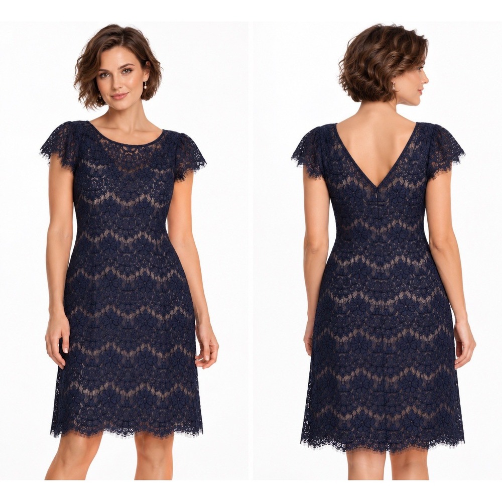 Xscape Lace midi dress ruffle shaping Bodycon cap sleeve ruched dark blue size 4